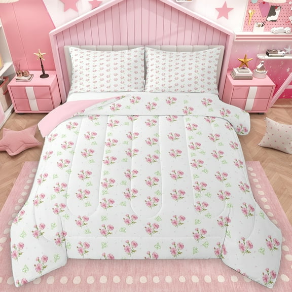 Homewish Lovely Floral Bedding Comforter Set,Kawaii Flower Daisy Twin Comforter Sets,Pink White Bedding Set For Kids,Ultra Soft Home Decor Reversible,2-Piece