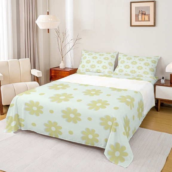 Homewish Lovely Floral Twin Sheet Sets,Kawaii Flower Daisy Twin Fitted Sheet,Green Blossom Flat Sheet For Kids,Ultra Soft Home Decor,3 Pieces