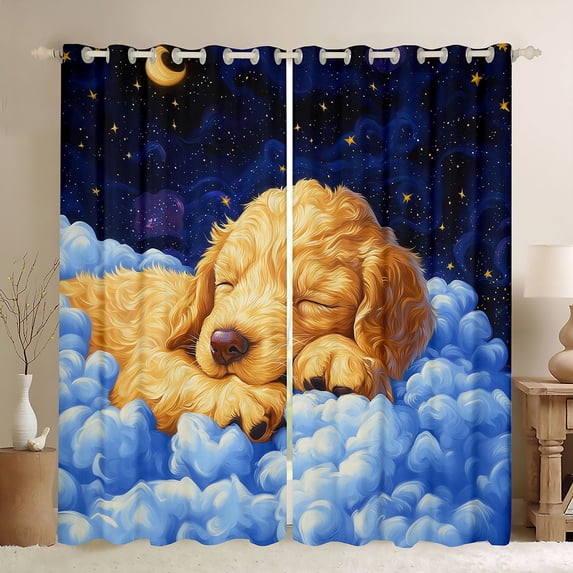 Homewish Lovely Golden Retriever Kitchen Curtains,Cartoon Dog Black Out Curtains Pack of 2 (42x63 Each),White Clouds Decor