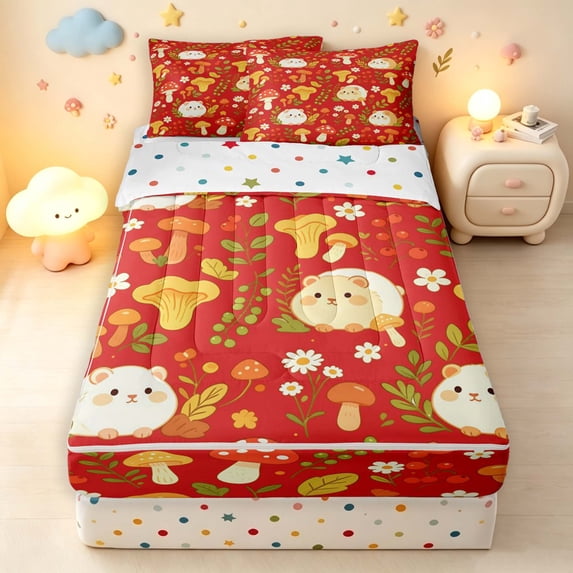 Homewish Lovely Guinea Pig Animals Zipper Twin Comforter Sets with Fitted Sheet and 2 Pillowcases,Kawaii Mushrooms Zipper Bedding Set,Red,Polkadot Reversible,4pcs