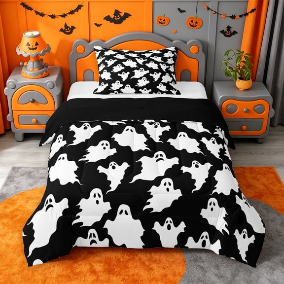Homewish Lovely Halloween Ghost Twin Comforter Sets,Silhouette Spooky Pattern Bedding Set,Black White,Black Reversible,2-Piece,1 Comforter and 1 Pillowcase