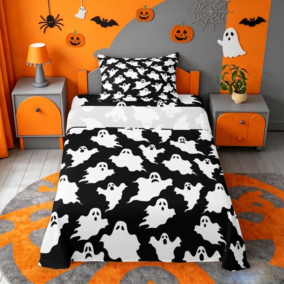 Homewish Lovely Halloween Ghost Twin Sheets,Silhouette Spooky Pattern Bedding,Black White,3-Piece,1 Fitted Sheet and 1 Pillowcase