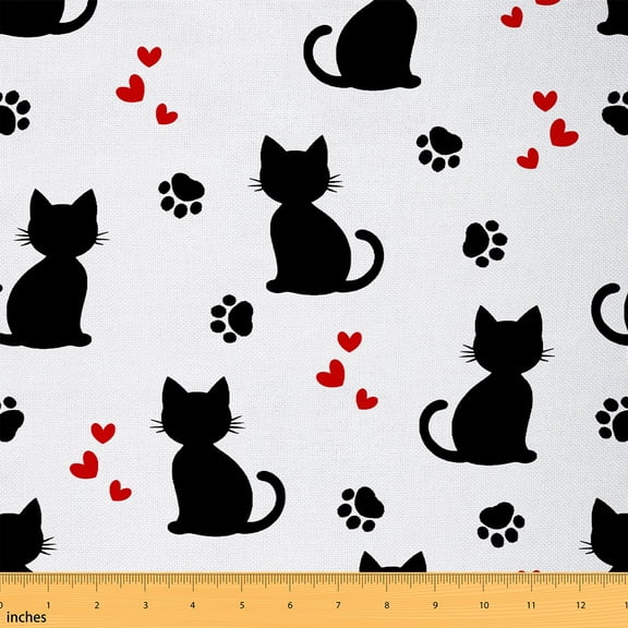 Homewish Lovely Kitten Silhouette Fabric by the Yard 1 Yard,Red Heart Print Home Decor Fabric by the Yard,Cute Dog Paws Sewing Fabric For Girls Boys,Luxury Bedroom Decor