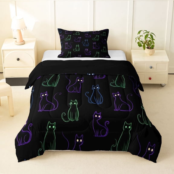 Homewish Lovely Pet Cats Twin Comforter Sets,Cute Animal Themed Bedding Set,Purple Green,Black Reversible,2 Pieces,1 Comforter and 1 Pillowcase