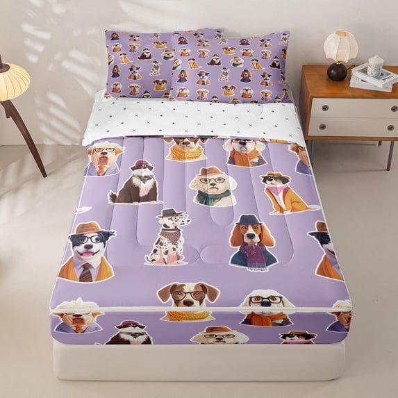 Homewish Lovely Pet Dog Zipper Full Size Comforter Sets with Fitted Sheet and 2 Pillowcases,Vintage Animal Zipper Bedding Set,Purple,Reversible,4pcs