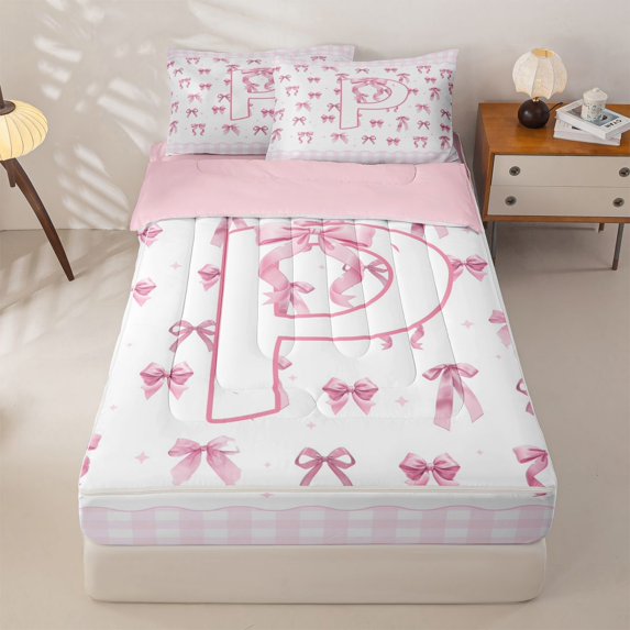Homewish Lovely Pink Bowtie Kids Zipper Twin Comforter Sets with Fitted Sheet and 2 Pillowcases,Initial Alphabet P Zipper Bedding Set For Girls,Pink Reversible,4-Piece