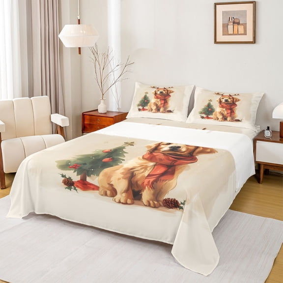 Homewish Lovely Puppy Dog Twin Sheet Sets,Rustic Pine Cone Twin Fitted Sheet,Chic Christmas Tree Flat Sheet For Girl Boys,Luxury Bedroom Decor,3pcs