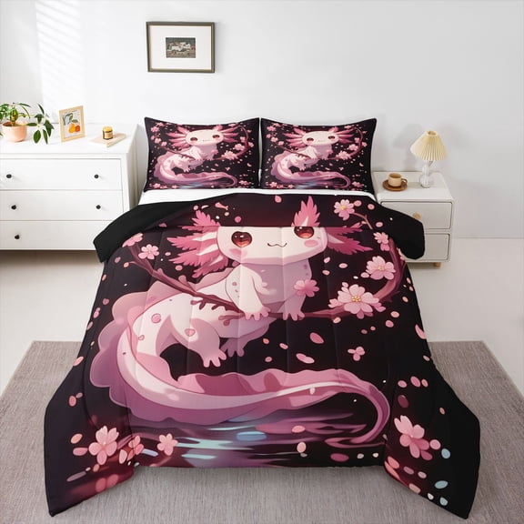 Homewish Lovely Salamander Bedding Comforter Set,Pink Cherry Blossom Twin Comforter Sets,Cute Cartoon Axolotl Bedding Set For Boys Girls,Super Cozy Room Decor Reversible,2-Piece