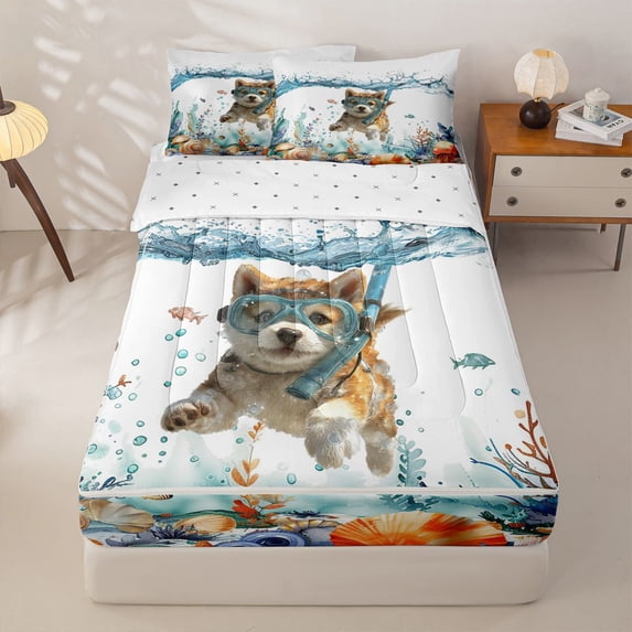 Homewish Lovely Shiba Inu Zipper Twin Comforter Sets with Fitted Sheet and 2 Pillowcases,Coastal Zipper Bedding Set,Dog Theme Decor,Reversible,4pcs