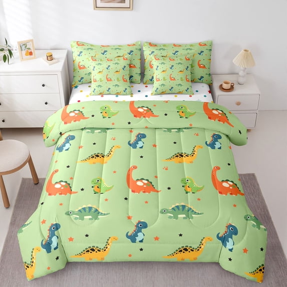 Homewish Lovely Stars Dino 7-Piece King Bedding,Cute Animal King Bed in a Bag,Green,Polkadot Reversible