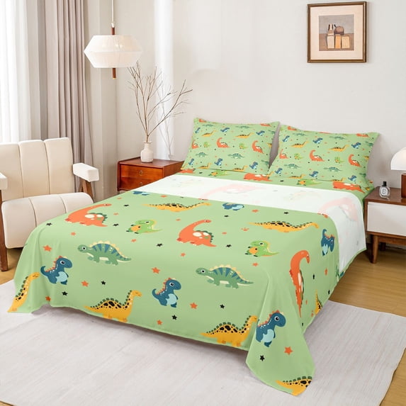 Homewish Lovely Stars Dino Bed Sheets,Cute Animal Full Size Sheets,Green,4 Pieces,1 Flat Sheet, 1 Fitted Sheet and 2 Pillowcases