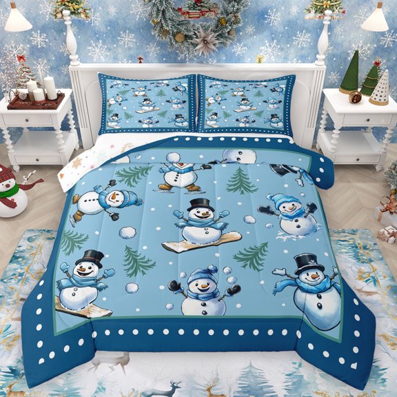 Homewish Lovely Xmas Snowman Queen Comforter Set,Cute Polka Dots Bedding Sets,Blue White Bedding Comforter Set For Girl Teens,Breathable Home Decor Reversible,3pcs