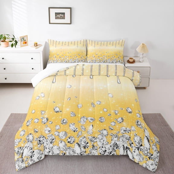 Homewish Luxury Diamond Twin Comforter Set,Bling Print Yellow Silver,Microfiber Decor For Kids,2-Piece