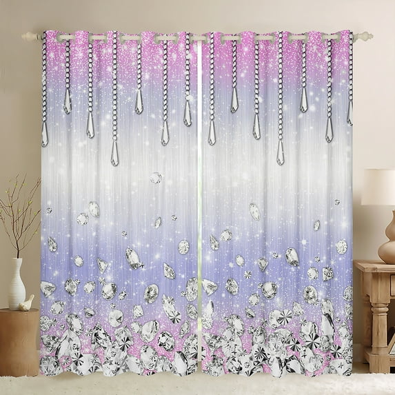 Homewish Luxury Diamond Curtains Pack of 2 (42x84 Each),Sequin Peint Curtains Blackout,Pink Purple White Bedroom Curtains For Kids,Microfiber Bedroom Decor