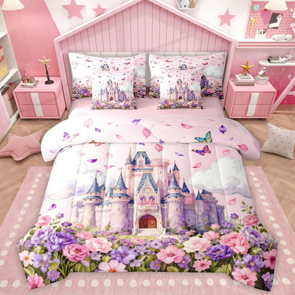 Homewish Luxury Princess Castle 7pcs Bedding Comforter Set,Brauty Flower Floral Queen Bedding Sets,Fairy Tale Theme Queen Sheet Sets For Girrl Kids,Breathable Home Decor Reversible