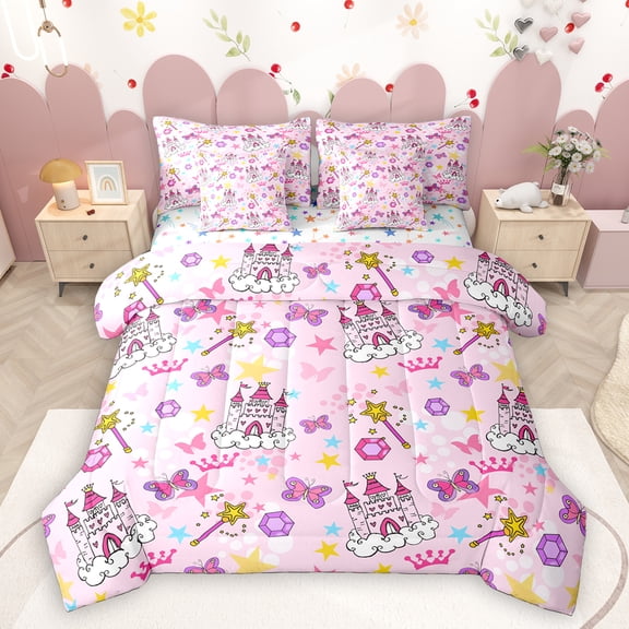 Homewish Luxury Princess Castle 7pcs Bedding Comforter Set,Fairy Tale Theme Queen Bedding Sets,Colorful Butterflies Stars Queen Sheet Sets For Girrl Kids,Breathable Home Decor Reversible