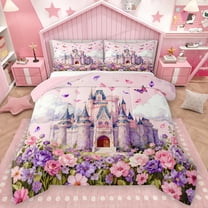 Homewish Luxury Princess Castle Bedding Comforter Set,Brauty Flower Floral Twin Comforter Sets,Fairy Tale Theme Bedding Set For Girrl Kids,Breathable Home Decor Reversible,2pcs