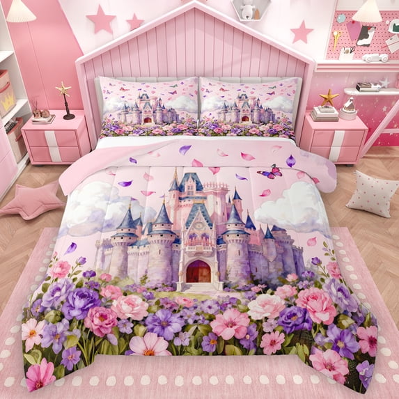 Homewish Luxury Princess Castle Queen Comforter Set,Brauty Flower Floral Bedding Sets,Fairy Tale Theme Bedding Comforter Set For Girrl Kids,Breathable Home Decor Reversible,3 Pieces