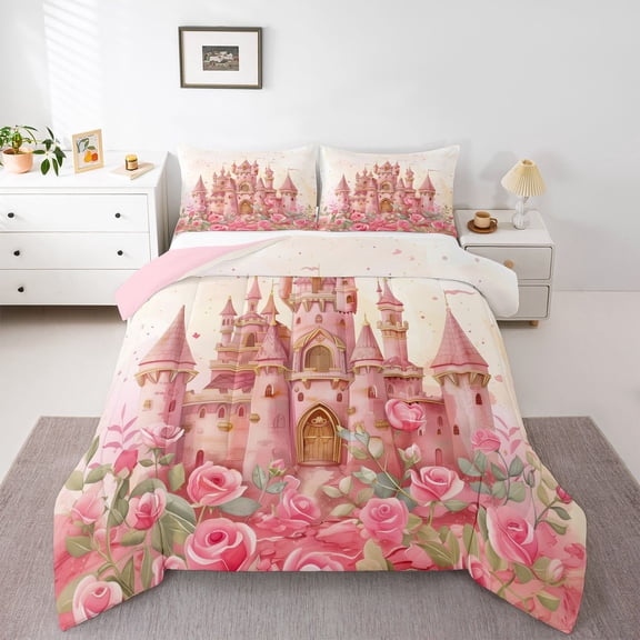 Homewish Luxury Princess Castle Queen Comforter Set,Romantic Valentine'S Day Bedding Sets,Pink Flower Floral Bedding Comforter Set For Girrl Kids,Breathable Home Decor Reversible,3 Pieces