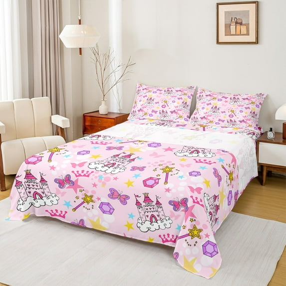 Homewish Luxury Princess Castle Queen Sheet Sets,Fairy Tale Theme Flat Sheet,Colorful Butterflies Stars Queen Fitted Sheet For Girrl Kids,Breathable Home Decor,4-Piece