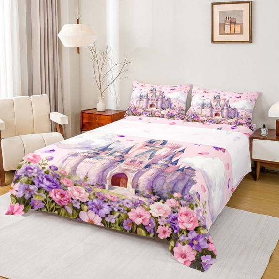 Homewish Luxury Princess Castle Twin Sheet Sets,Brauty Flower Floral Twin Fitted Sheet,Fairy Tale Theme Flat Sheet For Girrl Kids,Breathable Home Decor,3pcs