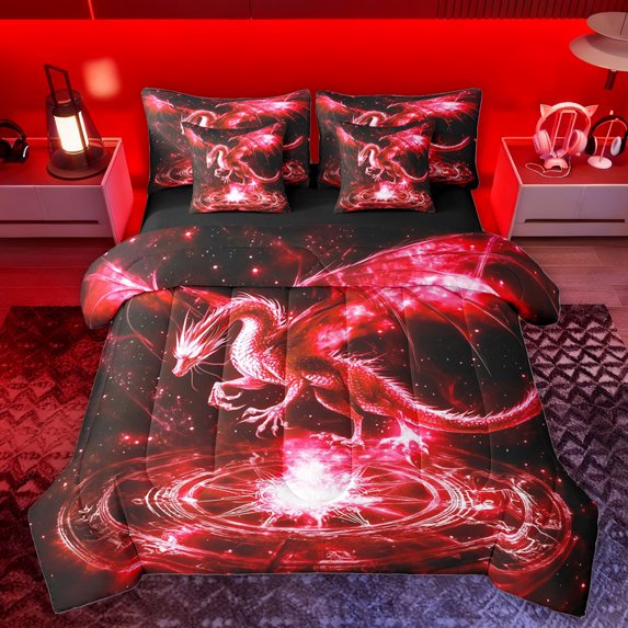 Homewish Magic Animal Dragon 7-Piece Bedding Comforter Set,Retro Western Fantasy King Bedding Sets,Black Red Bed Sheets For Kids,Breathable Home Decor Reversible