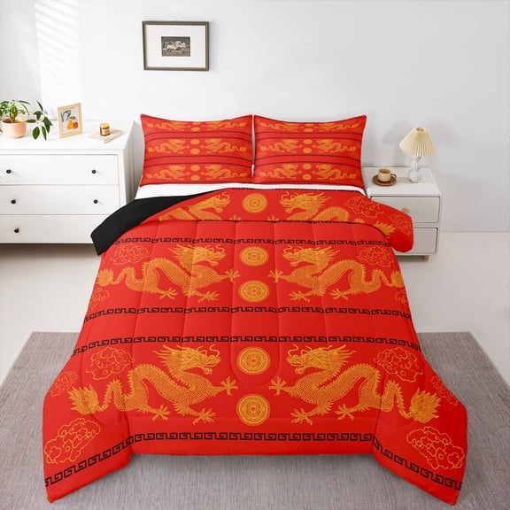 Homewish Magic Animal Dragon Bedding Comforter Set,Boho Bohemain Tribal Twin Comforter Sets,Orange Red Bedding Set For Boys Teens,Microfiber Bedroom Decor Reversible,2-Piece