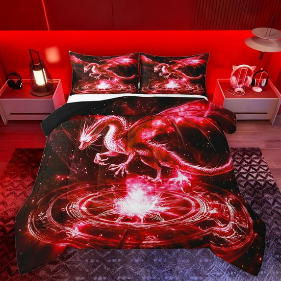 Homewish Magic Animal Dragon Bedding Comforter Set,Retro Western Fantasy Twin Comforter Sets,Black Red Bedding Set For Kids,Breathable Home Decor Reversible,2-Piece