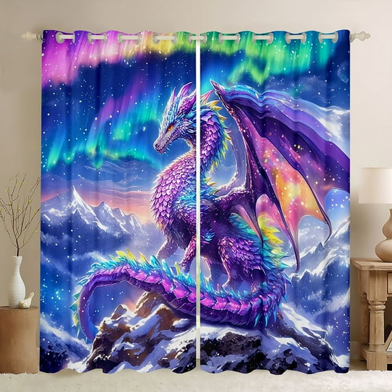 Homewish Magic Animal Dragon Blackout Curtains Set of 2 (52x84 Each),Western Fantasy Theme Window Curtains,Purple Blue Curtains and Drapes For Boys Kids,Breathable Home Decor