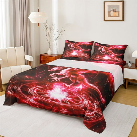 Homewish Magic Animal Dragon Queen Sheet Sets,Retro Western Fantasy Flat Sheet,Black Red Queen Fitted Sheet For Kids,Breathable Home Decor,4pcs