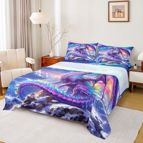 Homewish Magic Animal Dragon Twin Sheet Sets,Western Fantasy Theme Twin Fitted Sheet,Purple Blue Flat Sheet For Boys Kids,Breathable Home Decor,3-Piece