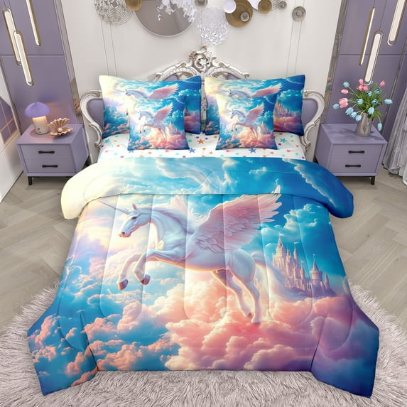 Homewish Magic Animal Unicorn 7-Piece Twin Bedding Sets,Pink Dreamy Castle Bedding Comforter Set,Fairy Tale Theme Sheet Sets For Girl Kids,Super Cozy Room Decor Reversible