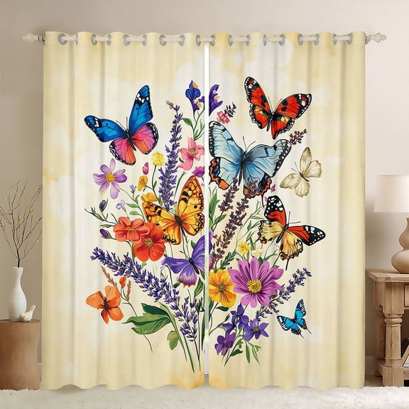 Homewish Magic Butterfly Animal Black Out Curtains for Girls, Rustic Flower Floral Curtains Pack of 2 (42x63 Each), Vintage Fashion Bedroom Curtains, Curtains and Drapes Bedroom Decor