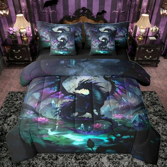 Homewish Magic Dragon 7-Piece Twin Bedding Sets,Western Fantasy Bedding Comforter Set,Rustic Lotus Leaf Sheet Sets For Boys Teens,Luxury Bedroom Decor Reversible
