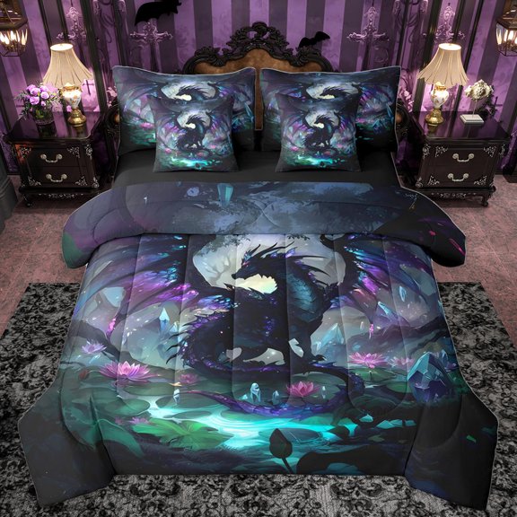 Homewish Magic Dragon 7pcs Bedding Comforter Set,Western Fantasy Queen Bedding Sets,Rustic Lotus Leaf Queen Sheet Sets For Boys Teens,Luxury Bedroom Decor Reversible