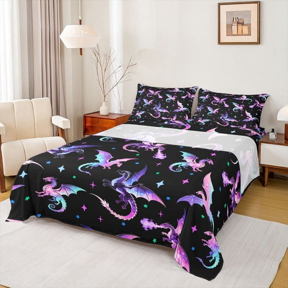 Homewish Magic Dragon Bed Sheets,Cute Wildlife Full Size Sheets,Black,4-Piece,1 Flat Sheet, 1 Fitted Sheet and 2 Pillowcases