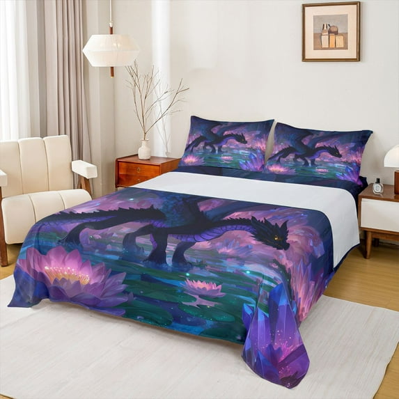 Homewish Magic Dragon Full Size Sheets,Western Fantasy Bed Sheets,Pink Lotus Sheet Sets For Boys Teens,Luxury Bedroom Decor,4-Piece