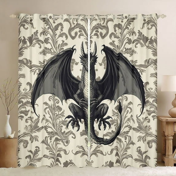 Homewish Magic Dragon Kids Curtains Pack of 2 (42x84 Each), Retro Damask Flower Print Curtains Blackout, Cartoon Hippie Animal Bedroom Curtains, Blackout Curtains Decor