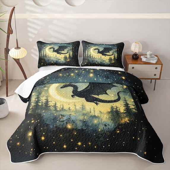 Homewish Magic Dragon Quilt King For Boys,Magical Jungle Night King Coverlet Set,3pcs