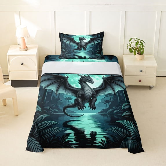 Homewish Magic Dragon Twin Sheets,Moon Print Bedding,Green,3pcs,1 Fitted Sheet and 1 Pillowcase