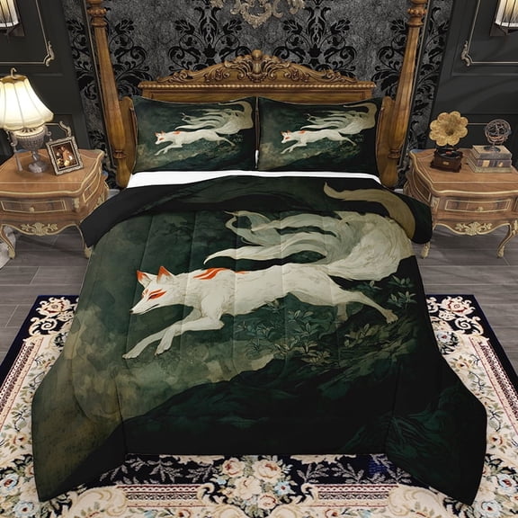 Homewish Magic Jungle Fox Queen Comforter Set, Chinese Anime Animal Bedding Sets, Teens Kids Boys Girls Reversible Bedding Comforter Set, Microfiber Bedroom Decor, 3-Piece