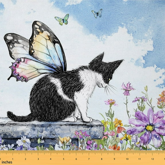 Homewish Magic Kitten Cat Fabric by the Yard 1 Yard for Kids, Dreamy Butterfly Animal Room Decor Fabric by the Yard, Groovy Flower Floral Sewing Fabric, Breathable Home Decor