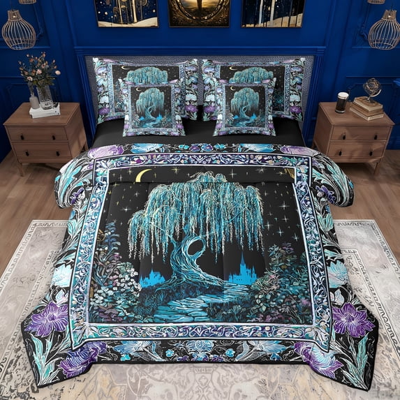 Homewish Magic Life Tree Bedding Comforter Set 7 Pieces for Teens, Blue Bohemian Flower Floral Full Bedding Set, Mandala Style Reversible Fitted Sheet Flat Sheet, Super Cozy Room Decor
