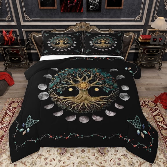 Homewish Magic Life Tree Bedding Comforter Set, Rustic Mystic Moon Sun Twin Comforter Sets, Teens Adult Men Women Reversible Bedding Set, Breathable Home Decor, 2pcs