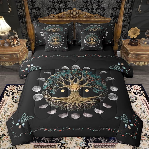 Homewish Magic Life Tree Twin Bedding Sets 7-Piece, Rustic Mystic Moon Sun Bedding Comforter Set, Teens Adult Men Women Reversible Sheet Sets, Breathable Home Decor
