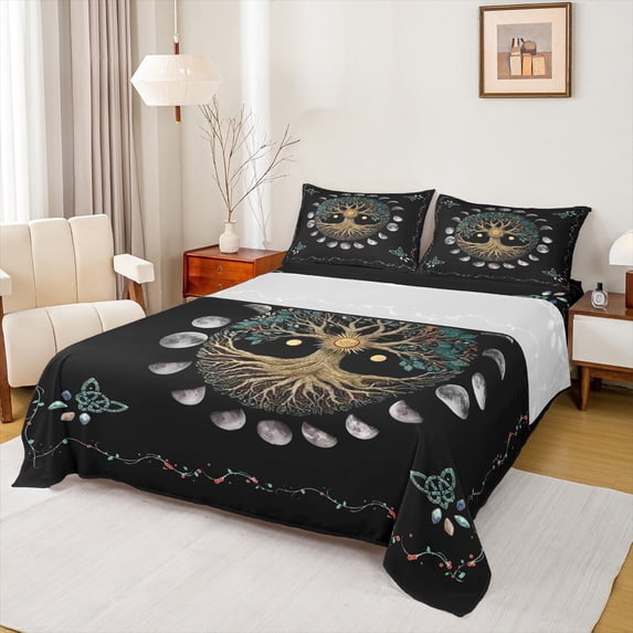 Homewish Magic Life Tree Twin Sheet Sets, Rustic Mystic Moon Sun Twin Fitted Sheet, Teens Adult Men Women Flat Sheet, Breathable Home Decor, 3pcs