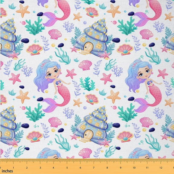 Homewish Magic Mermaid Girls Fabric by the Yard 2 Yards, Cartoon Seashell Castle Sewing Fabric, Ocean Starfish Coral Fabric for Sewing, Lightweight Room Decor