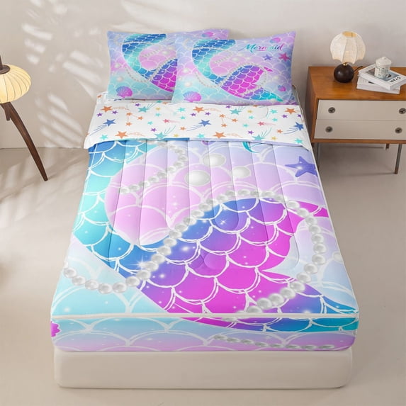Homewish Magic Mermaid Girls Zipper Twin Comforter Sets with Fitted Sheet and 2 Pillowcases, Cartoon Sealife Zipper Bedding Set, Stars Reversible, 4pcs
