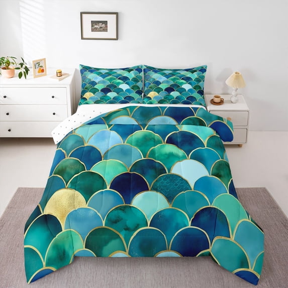 Homewish Magic Mermaid Scale Queen Comforter Set,Coastal Beach Comforter Sets Queen,Green,Reversible,3 Pieces,1 Comforter and 2 Pillowcases
