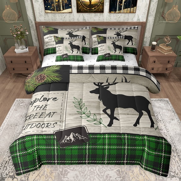 Homewish Magic Moose Deer Twin Bedding Sets 7-Piece, Woodland Wildlife Bedding Comforter Set, Rustic Adventure Reversible Sheet Sets, Microfiber Bedroom Decor